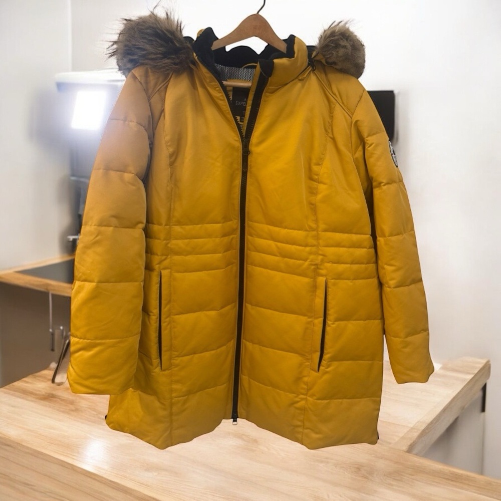 🧥 ARCTIC EXPEDITION WOMEN’S 1X MUSTARD YELLOW DOWN PARKA WITH FAUX FUR TRIM HOOD